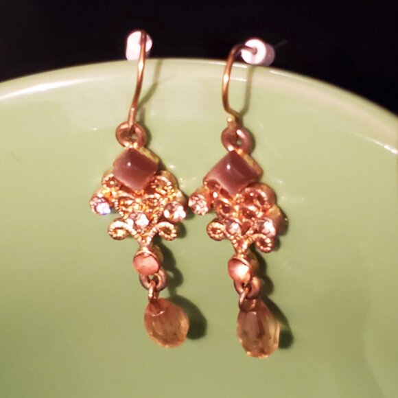 Vintage Ornate Gold & Brown Eye of Tiger Pink Beaded Dangle Earrings - Picture 3 of 6